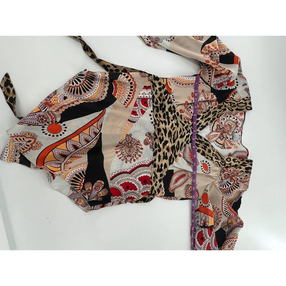 Cache Silk Paisley Leopard Print Kimono Sleeve Wrap Top Handkerchief Hem Y2k XS